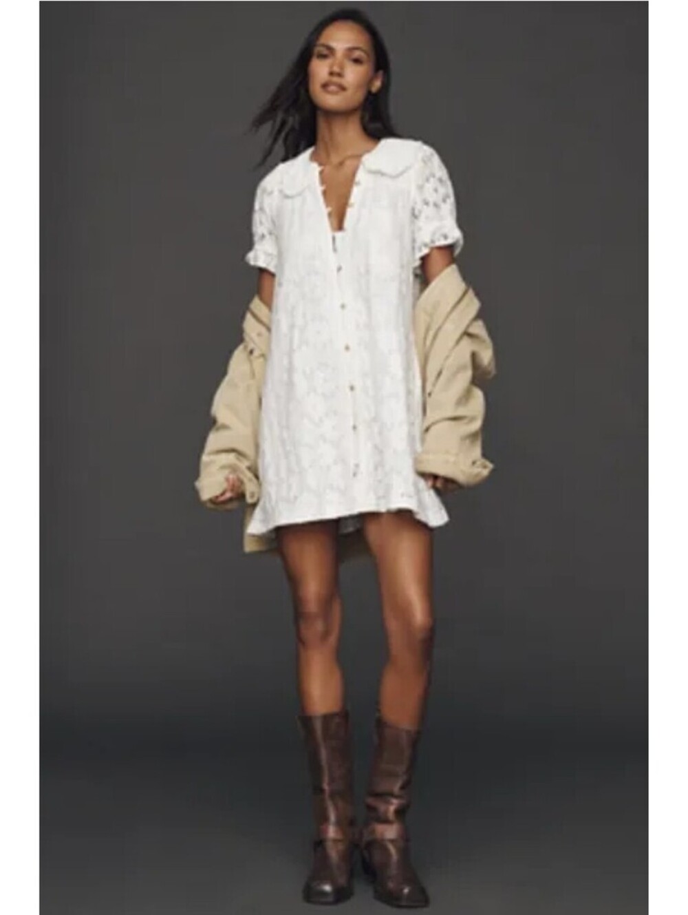 New Pilcro Ruffle Shift Dress Women's M Pockets Ivory Wht Eyelet Lace Embroidere - Picture 2 of 9